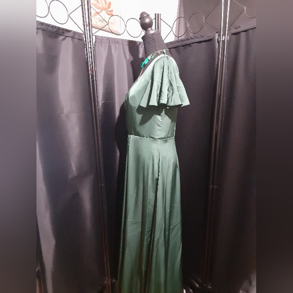 Azazie Olive Green Maxi Dress Poof Sleeves Women's Size 10 Bridesmaid Wedding - Picture 5 of 9